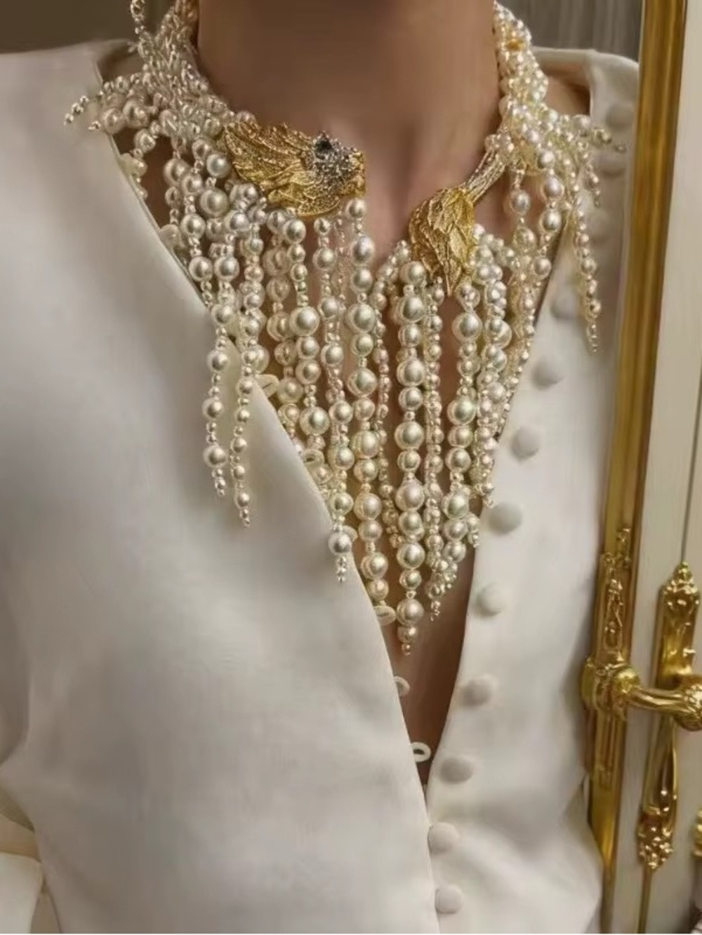 Anthropologie Pearl Fringe Necklace with Gold Leaf Accents